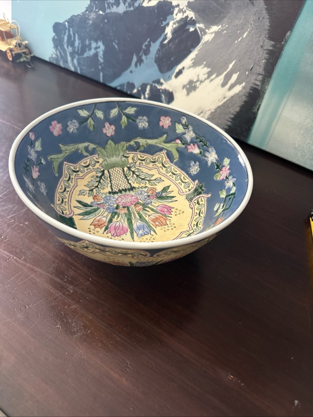 Hand-Painted Floral Ceramic Bowl - Blue and Yellow